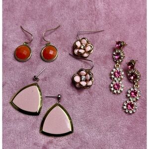 Lot of 4 Pairs Earrings Pink Gold Flowers Rhinestone Geometric Costume Jewelry